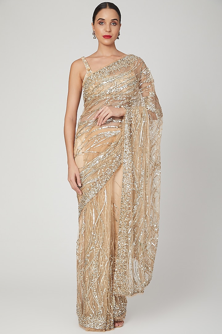 Nude Fine Net Sequins Embroidered Saree Set by Dilnaz Karbhary