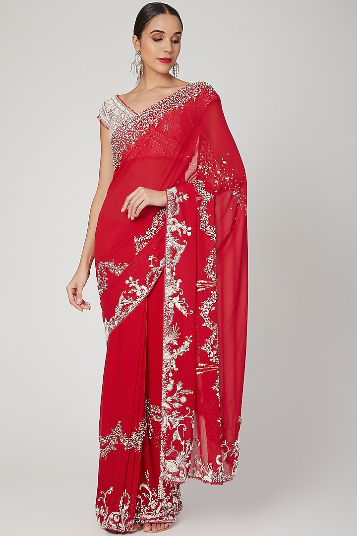 Red Georgette Sequins Embroidered Saree Set by Dilnaz Karbhary