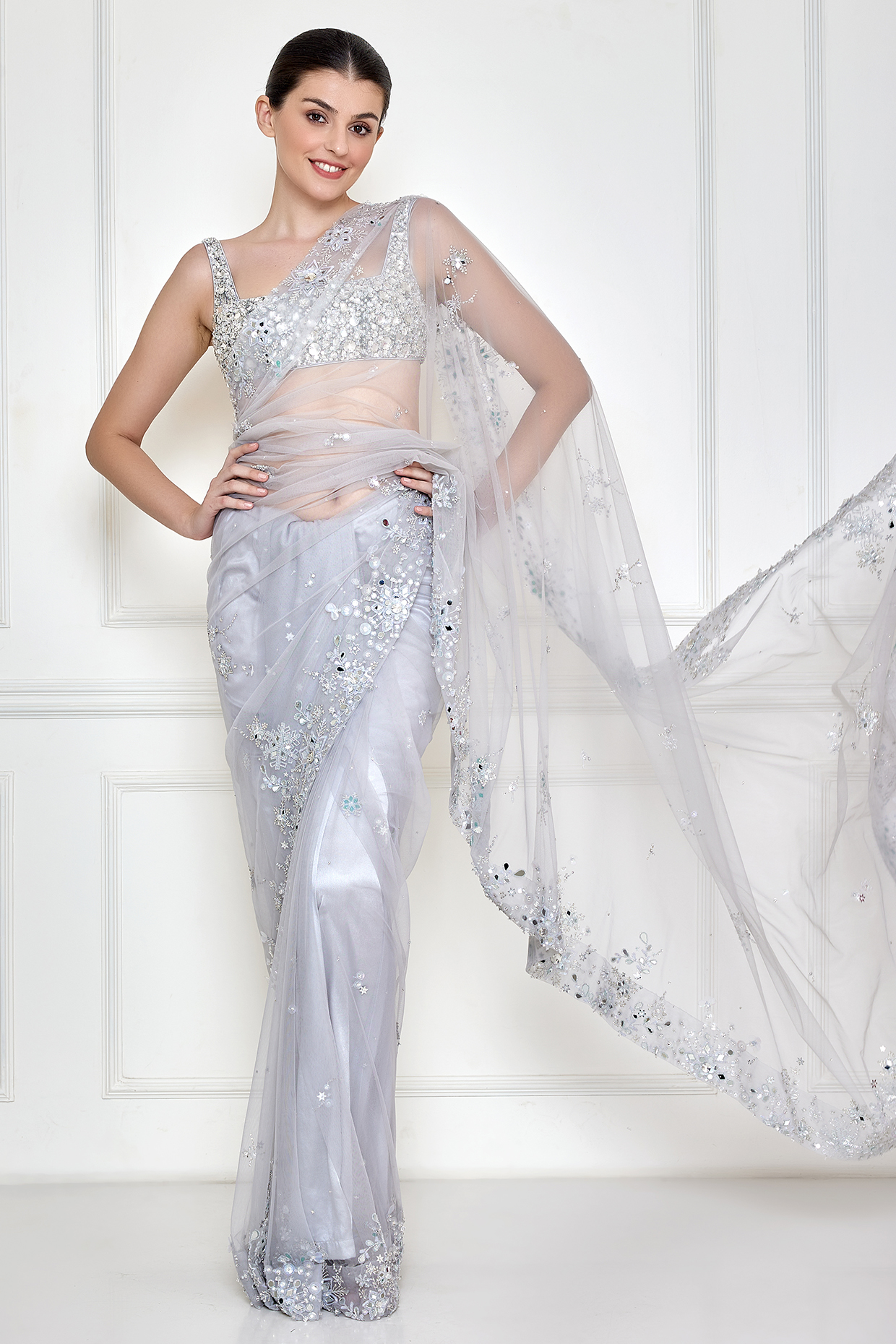 Ice Grey Net & Polyester Satin Embroidered Reception Saree by Dilnaz Karbhary at Pernia's Pop Up Shop
