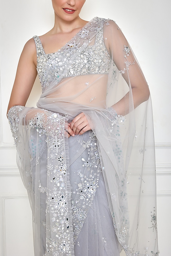Ice Grey Net & Polyester Satin Embroidered Bridal Saree by Dilnaz Karbhary at Pernia's Pop Up Shop