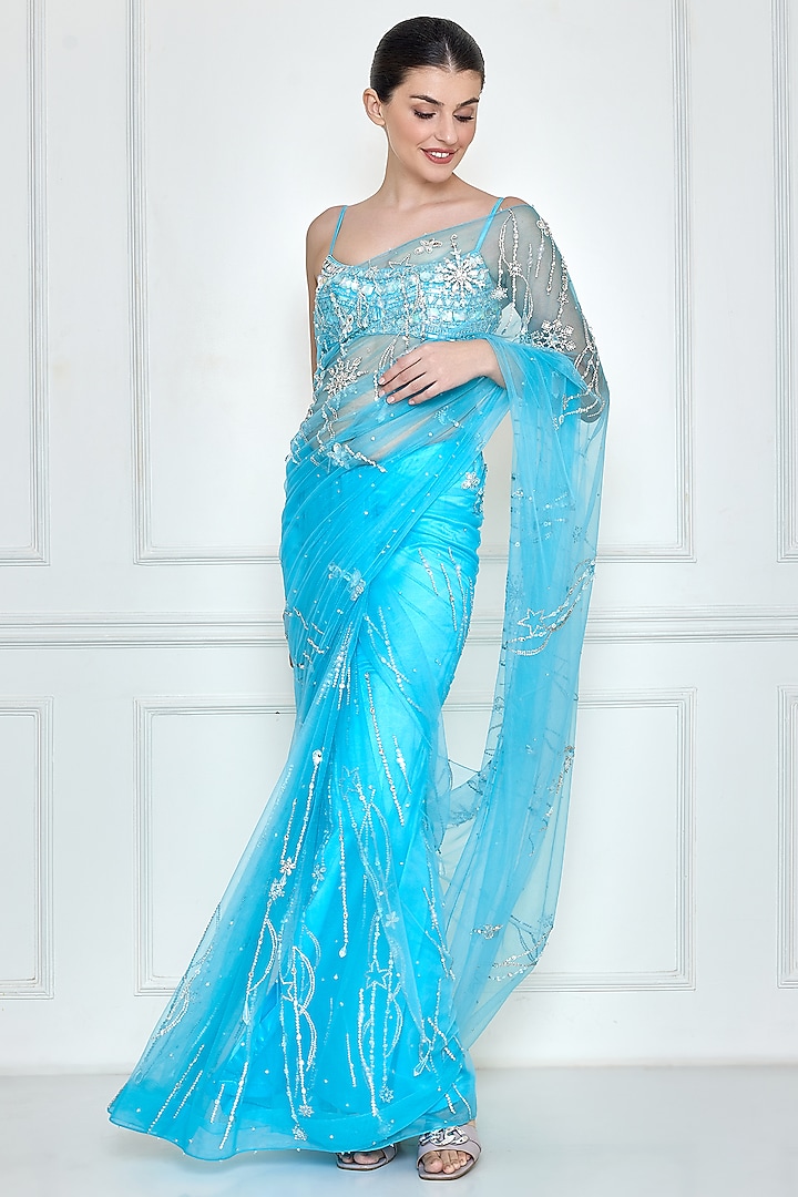 Vivid Sky Blue Net & Polyester Satin Embroidered Reception Saree by Dilnaz Karbhary at Pernia's Pop Up Shop
