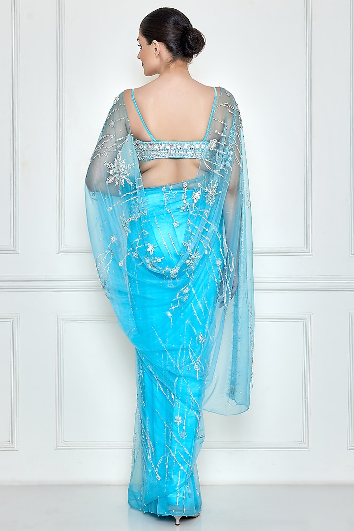 Vivid Sky Blue Net & Polyester Satin Embroidered Reception Saree by Dilnaz Karbhary at Pernia's Pop Up Shop