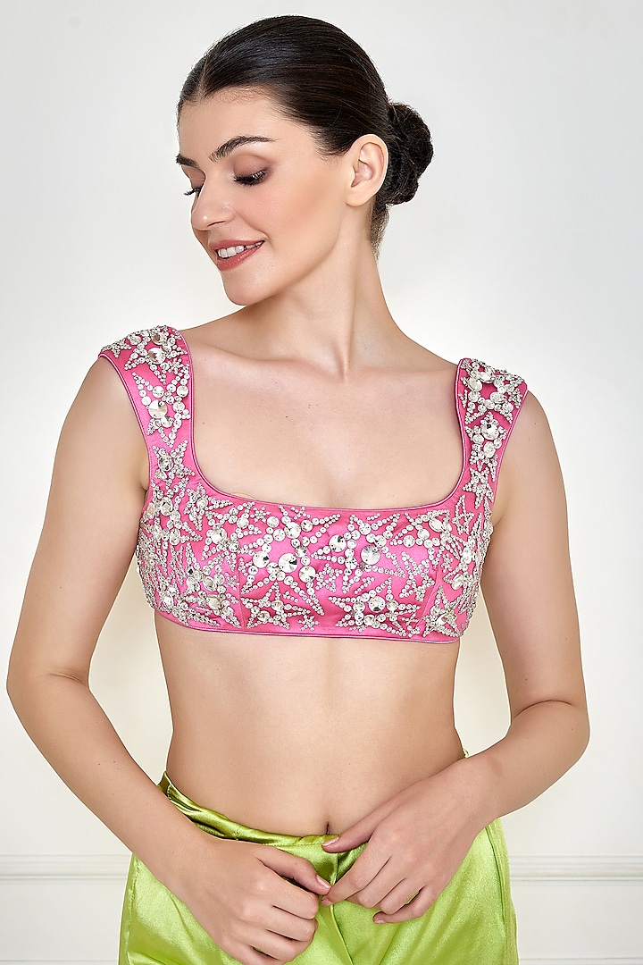 Dopamine Pink Net & Polyester Satin Embroidered Blouse by Dilnaz Karbhary