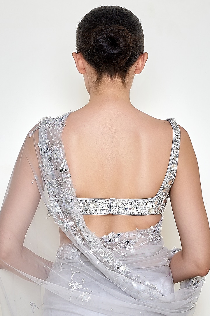 Ice Grey Net & Polyester Satin Embroidered Blouse by Dilnaz Karbhary at Pernia's Pop Up Shop