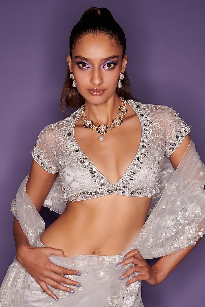 Ice Grey Net & Polyester Satin Embroidered Blouse by Dilnaz Karbhary