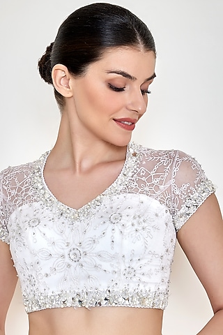Frost White Net & Polyester Satin Embroidered Blouse by Dilnaz Karbhary