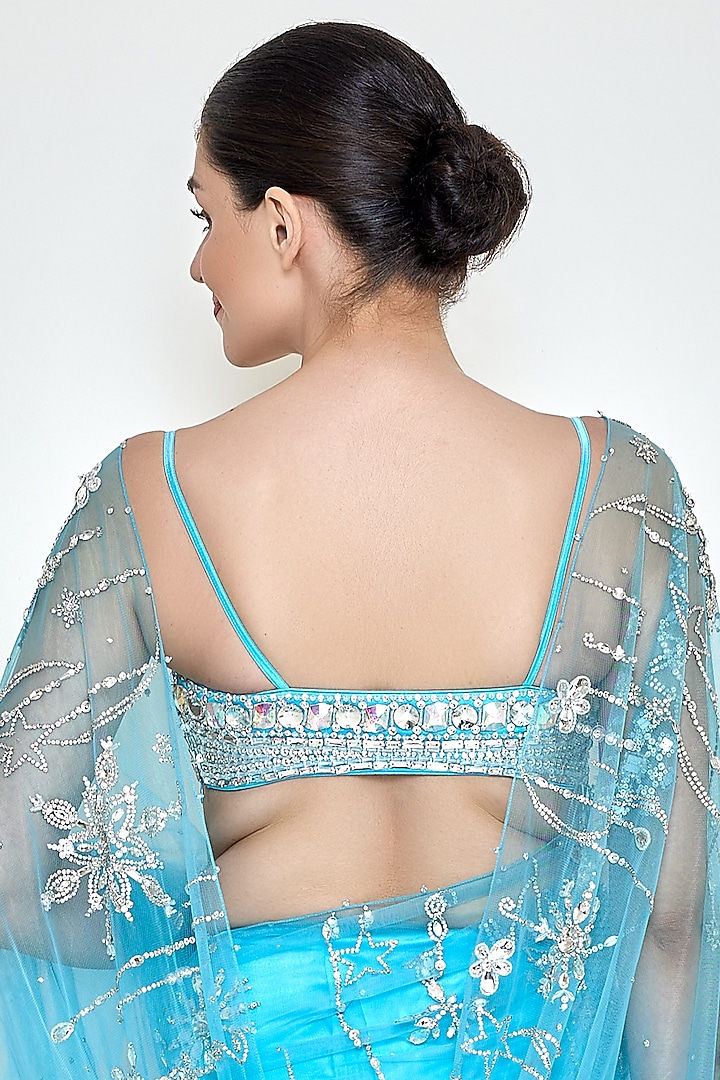 Vivid Sky Blue Net & Polyester Satin Embroidered Bustier by Dilnaz Karbhary at Pernia's Pop Up Shop