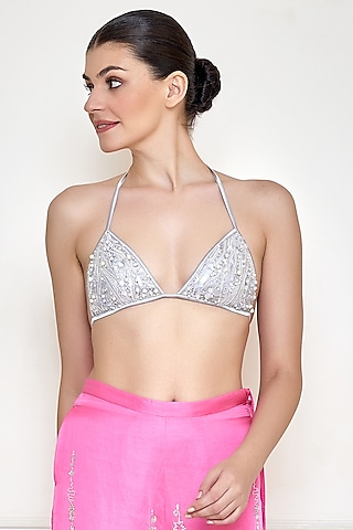 Ice Grey Net & Polyester Satin Embroidered Bikini by Dilnaz Karbhary