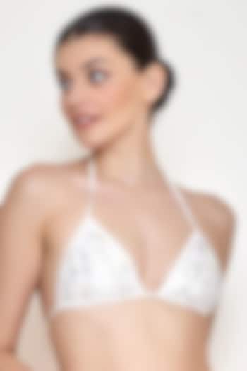 Frost White Net & Polyester Satin Embroidered Bikini by Dilnaz Karbhary
