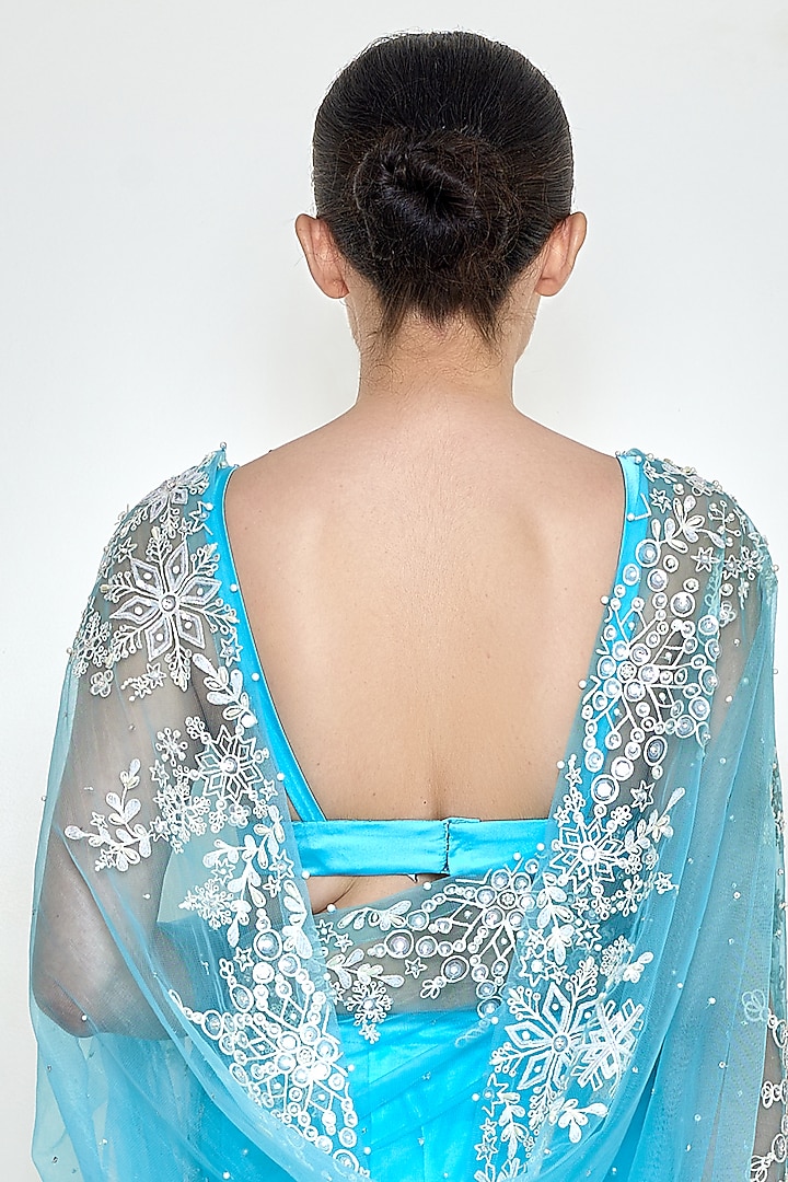 Vivid Sky Blue Net & Polyester Satin Embroidered Blouse by Dilnaz Karbhary at Pernia's Pop Up Shop