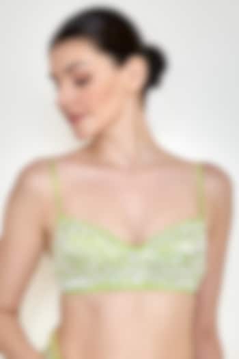 Citrus Green Net & Polyester Satin Embroidered Bustier by Dilnaz Karbhary