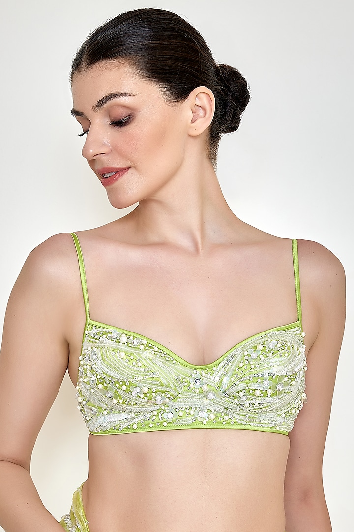 Citrus Green Net & Polyester Satin Embroidered Bustier by Dilnaz Karbhary