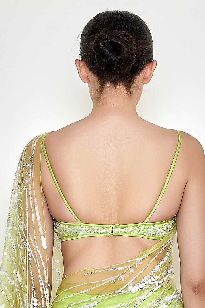 Citrus Green Net & Polyester Satin Embroidered Bustier by Dilnaz Karbhary at Pernia's Pop Up Shop