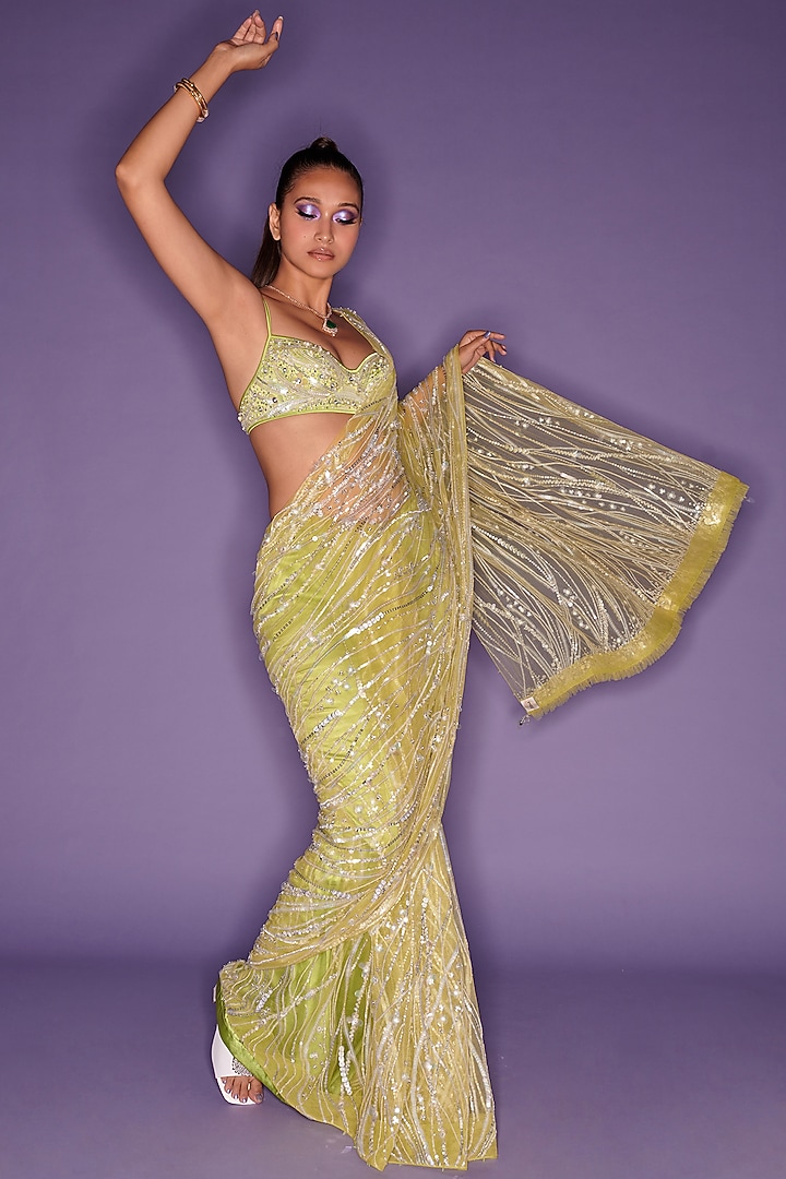 Citrus Green Net & Polyester Satin Embroidered Bustier by Dilnaz Karbhary at Pernia's Pop Up Shop