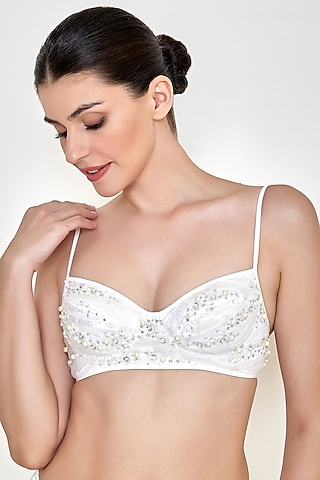 Frost White Net & Polyester Satin Embroidered Bustier by Dilnaz Karbhary
