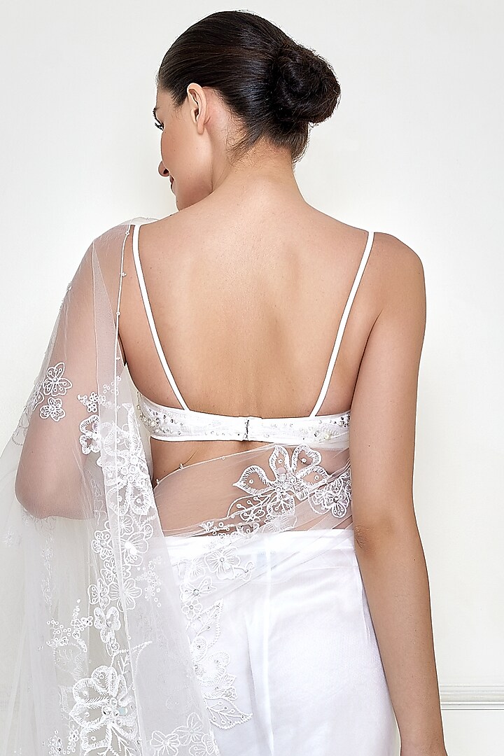 Frost White Net & Polyester Satin Embroidered Bustier by Dilnaz Karbhary at Pernia's Pop Up Shop