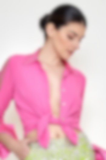 Dopamine Pink Net & Georgette Embroidered Shirt by Dilnaz Karbhary at Pernia's Pop Up Shop