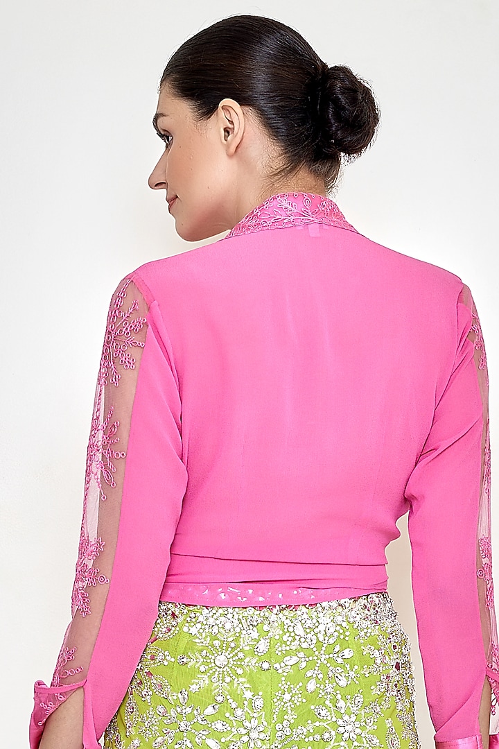 Dopamine Pink Net & Georgette Embroidered Shirt by Dilnaz Karbhary at Pernia's Pop Up Shop