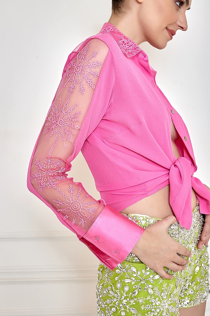 Dopamine Pink Net & Georgette Embroidered Shirt by Dilnaz Karbhary at Pernia's Pop Up Shop