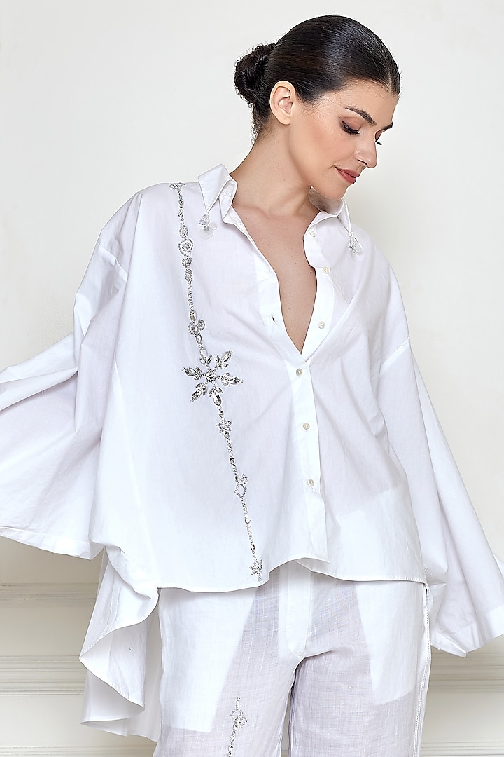 White Cotton Lycra Embellished Shirt by Dilnaz Karbhary