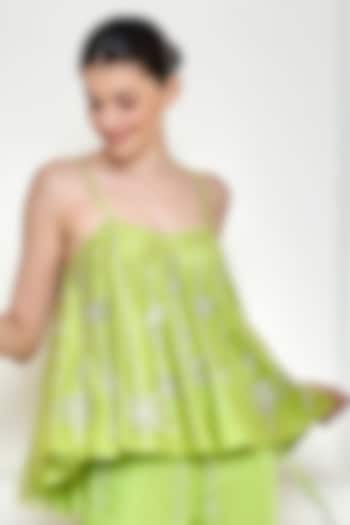 Citrus Green Net & Polyester Satin Embroidered Camisole by Dilnaz Karbhary