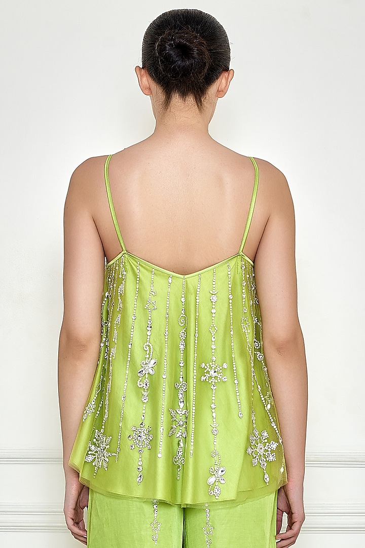 Citrus Green Net & Polyester Satin Embroidered Camisole by Dilnaz Karbhary at Pernia's Pop Up Shop