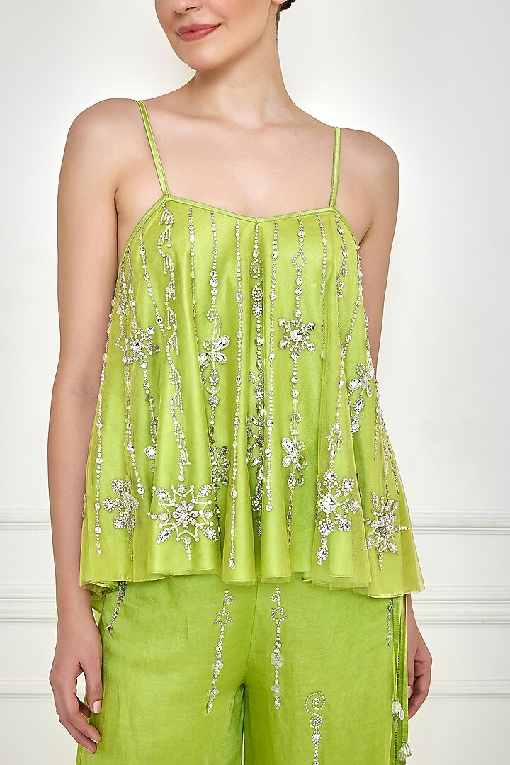 Citrus Green Net & Polyester Satin Embroidered Camisole by Dilnaz Karbhary at Pernia's Pop Up Shop