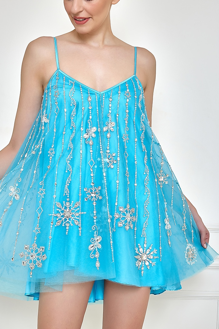 Sky Blue Net & Polyester Satin Embroidered Cocktail Dress by Dilnaz Karbhary at Pernia's Pop Up Shop