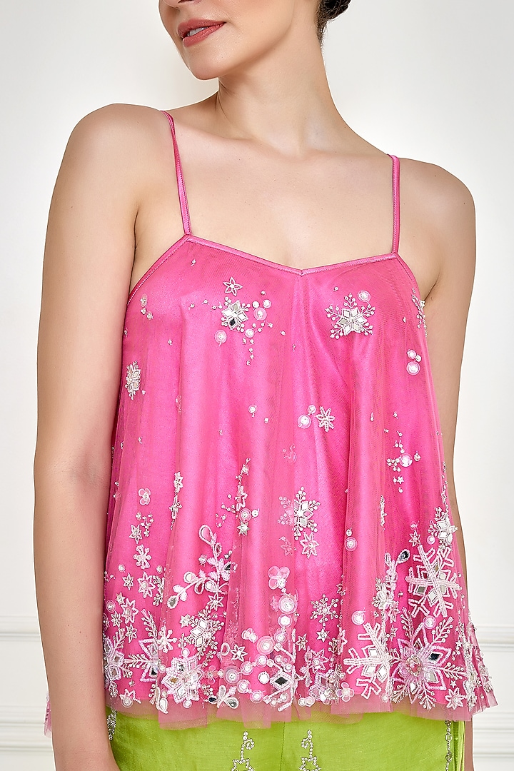 Pink Net & Polyester Satin Embroidered Camisole by Dilnaz Karbhary at Pernia's Pop Up Shop