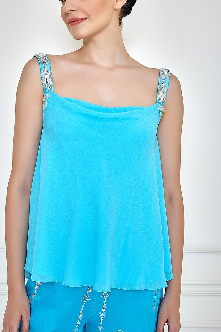Sky Blue Georgette & Polyester Satin Camisole by Dilnaz Karbhary at Pernia's Pop Up Shop