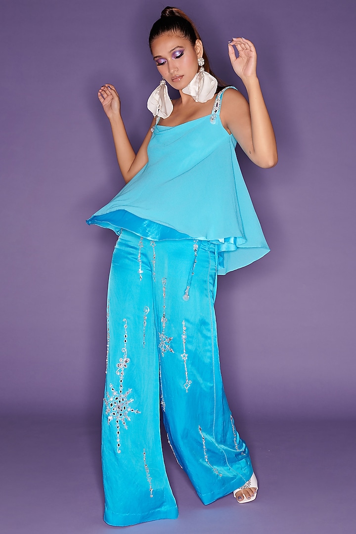 Sky Blue Georgette & Polyester Satin Camisole by Dilnaz Karbhary at Pernia's Pop Up Shop