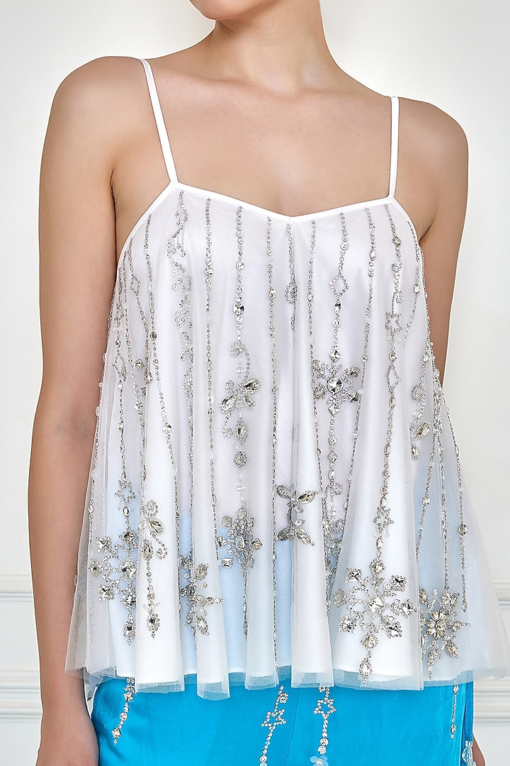 Frost White Net & Polyester Satin Embroidered Camisole by Dilnaz Karbhary at Pernia's Pop Up Shop