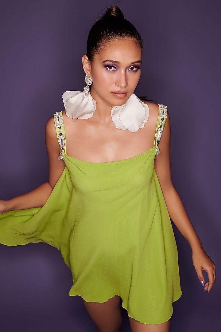 Citrus Green Georgette & Polyester Satin Dress Design by Dilnaz Karbhary at Pernia's Pop Up Shop 2026 Citrus Green Georgette & Polyester Satin Dress Design by Dilnaz Karbhary at Pernia's Pop Up Shop 2026