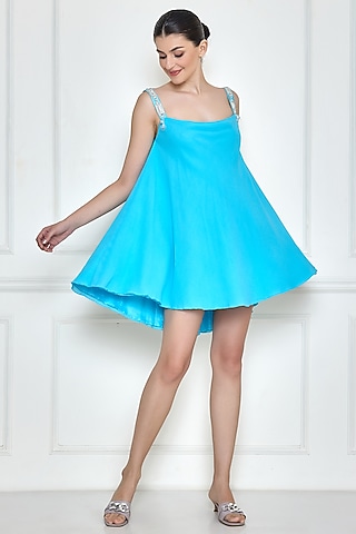 Sky Blue Georgette & Polyester Satin Dress by Dilnaz Karbhary