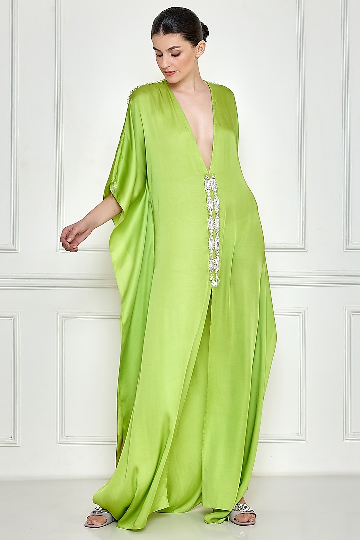Citrus Green Cotton Satin Embroidered Kaftan by Dilnaz Karbhary