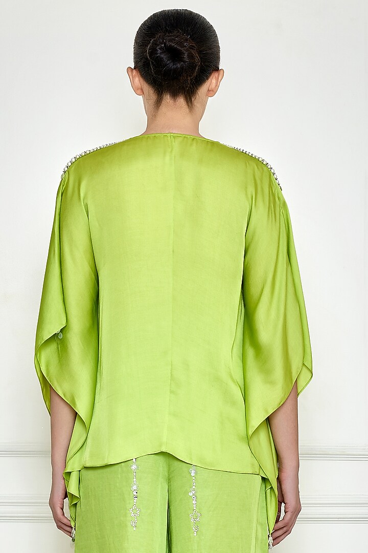 Citrus Green Cotton Satin Kaftan by Dilnaz Karbhary at Pernia's Pop Up Shop
