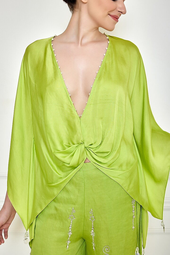 Citrus Green Cotton Satin Kaftan by Dilnaz Karbhary at Pernia's Pop Up Shop