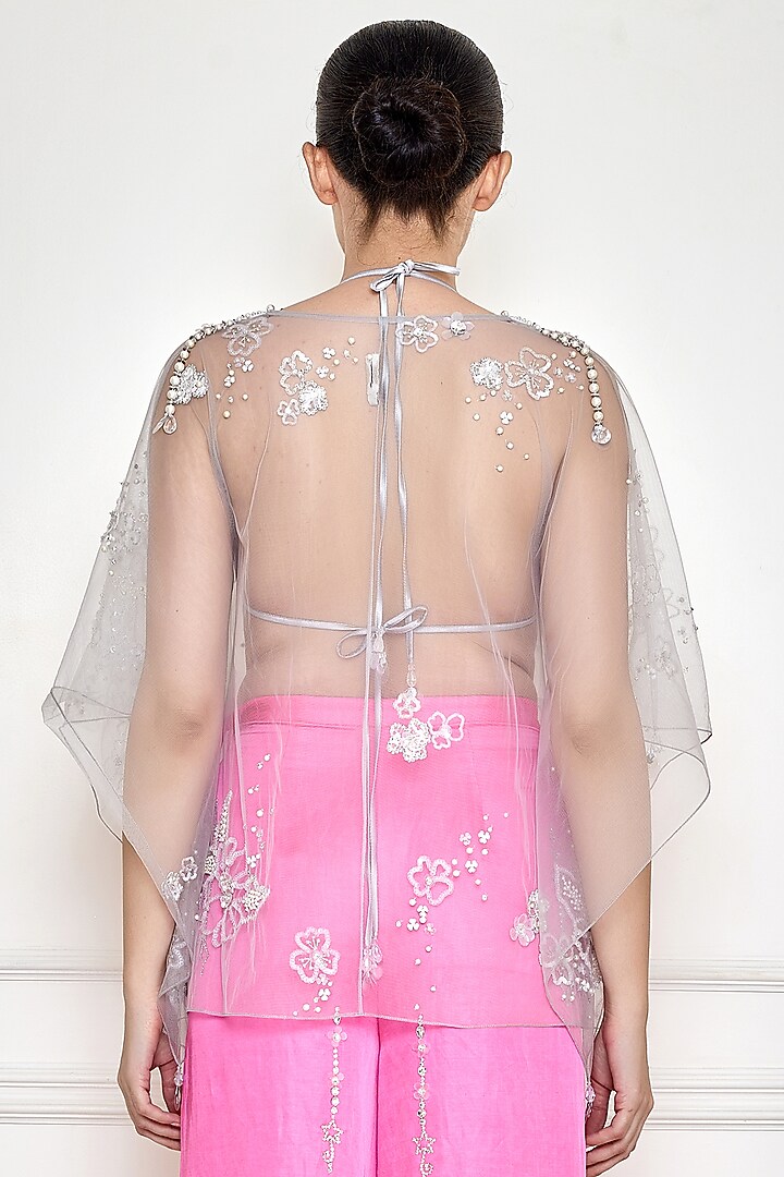 Ice Grey Net Embroidered Kaftan by Dilnaz Karbhary at Pernia's Pop Up Shop