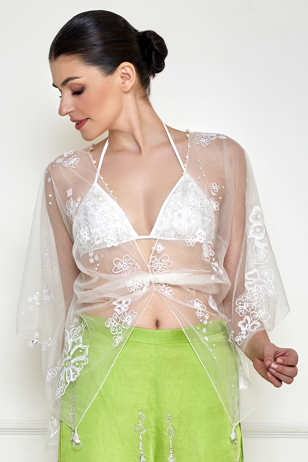 Frost White Net Embroidered Kaftan by Dilnaz Karbhary at Pernia's Pop Up Shop