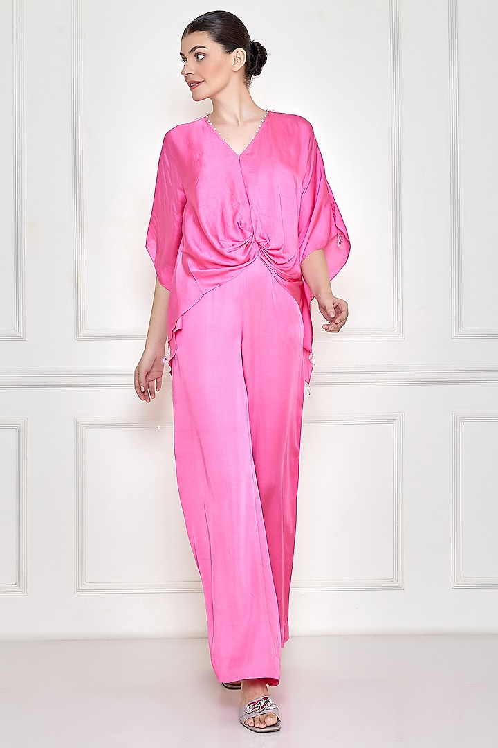 Pink Cotton Satin Jumpsuit With Kaftan by Dilnaz Karbhary