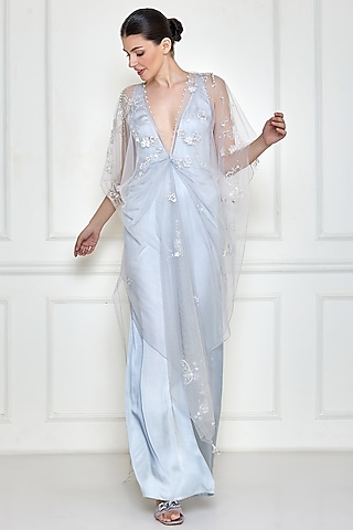 Ice Grey Cotton Satin Jumpsuit With Kaftan by Dilnaz Karbhary