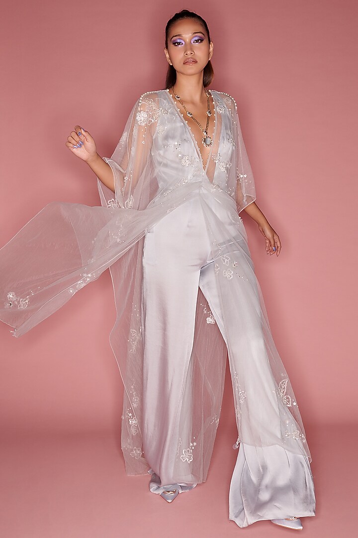 Ice Grey Cotton Satin Jumpsuit With Kaftan by Dilnaz Karbhary at Pernia's Pop Up Shop