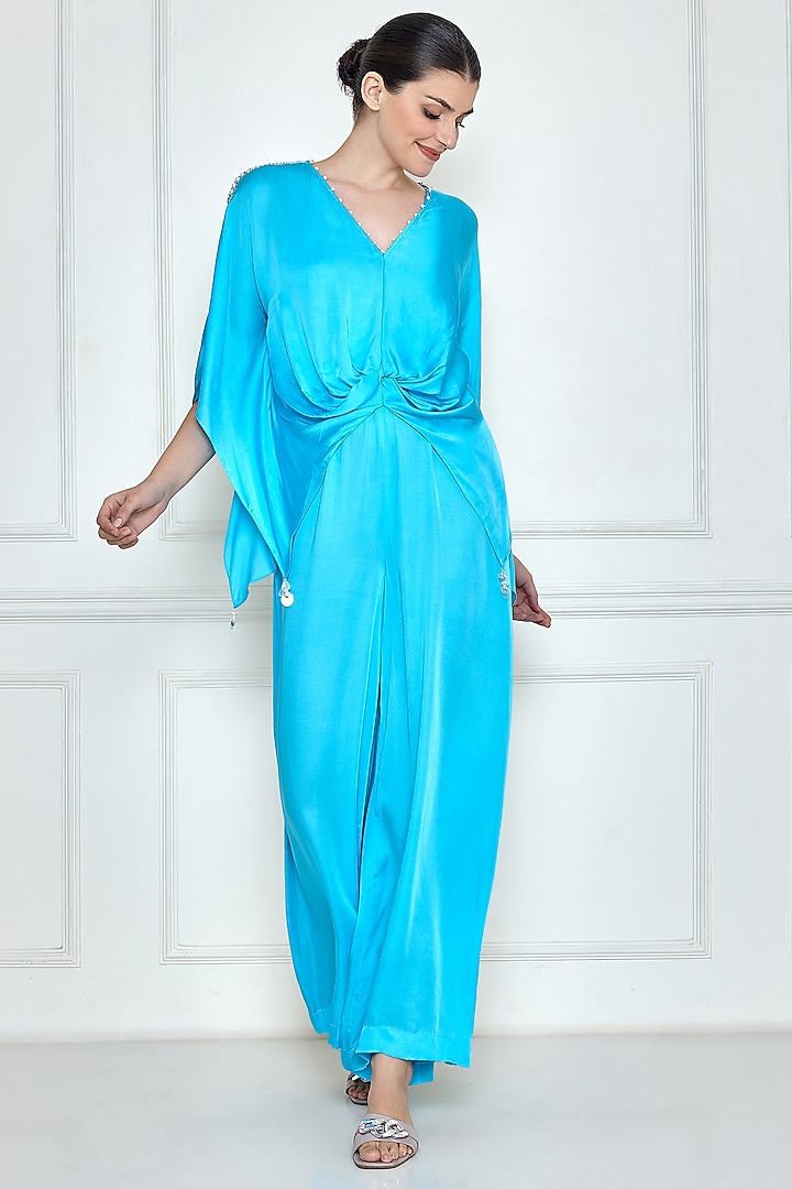 Sky Blue Cotton Satin Jumpsuit With Kaftan by Dilnaz Karbhary at Pernia's Pop Up Shop