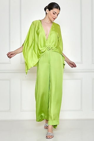 Citrus Green Cotton Satin Jumpsuit With Kaftan by Dilnaz Karbhary