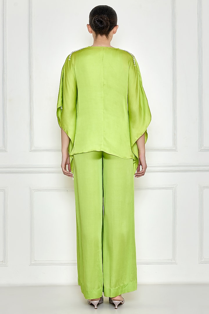 Citrus Green Cotton Satin Jumpsuit With Kaftan by Dilnaz Karbhary at Pernia's Pop Up Shop