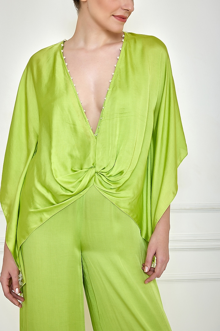 Citrus Green Cotton Satin Jumpsuit With Kaftan by Dilnaz Karbhary at Pernia's Pop Up Shop