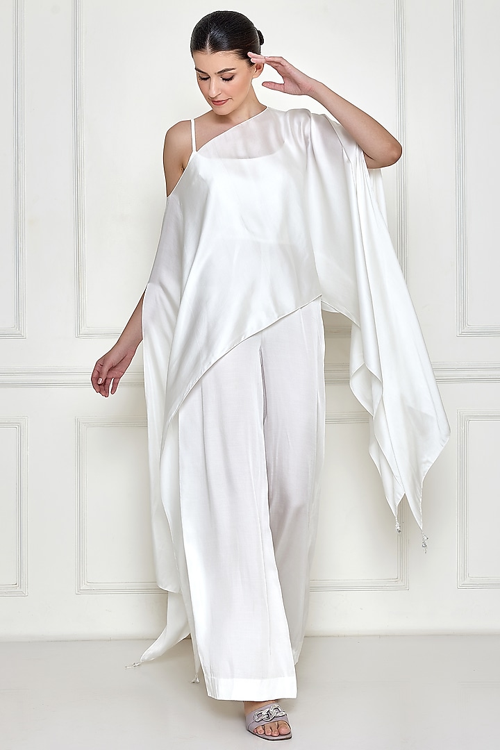 Frost White Cotton Satin Jumpsuit With Overlay by Dilnaz Karbhary