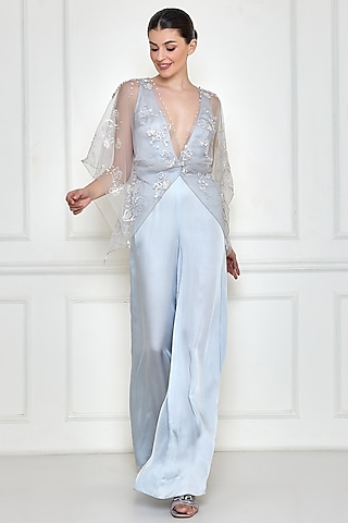 Ice Grey Cotton Satin Jumpsuit With Kaftan by Dilnaz Karbhary