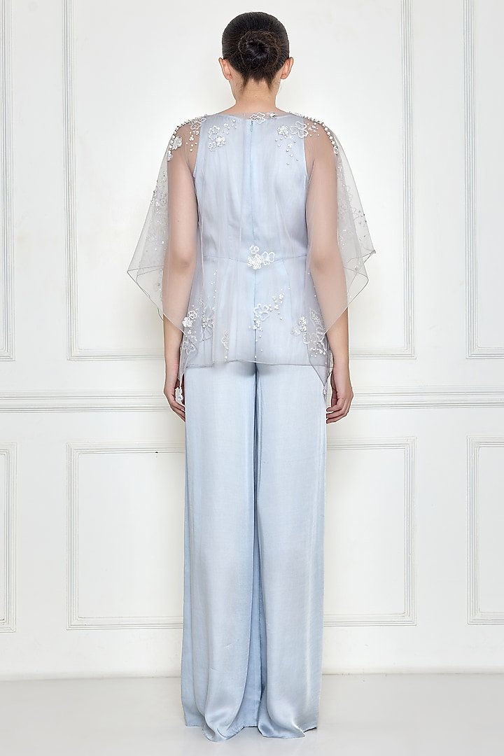 Ice Grey Cotton Satin Jumpsuit With Kaftan by Dilnaz Karbhary at Pernia's Pop Up Shop