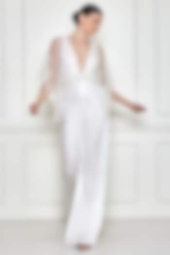 Frost White Cotton Satin Jumpsuit With Kaftan by Dilnaz Karbhary